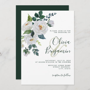 Ivory Emerald Green White Floral Elegant Wedding Invitation