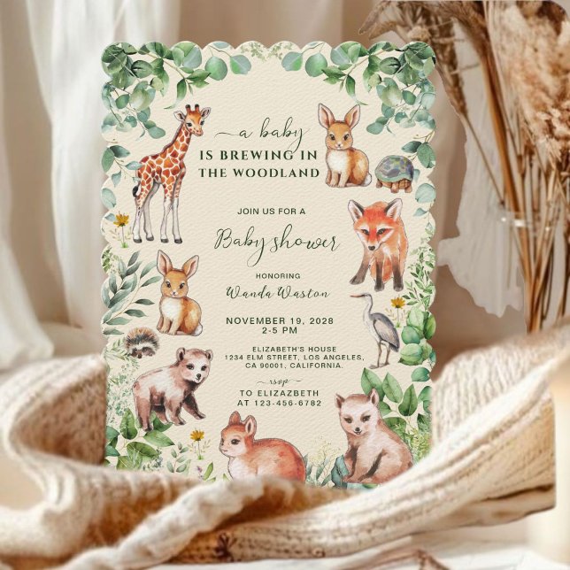 Ivory Eucalyptus Woodland Cute Animals Baby Shower Invitation (Creator Uploaded)