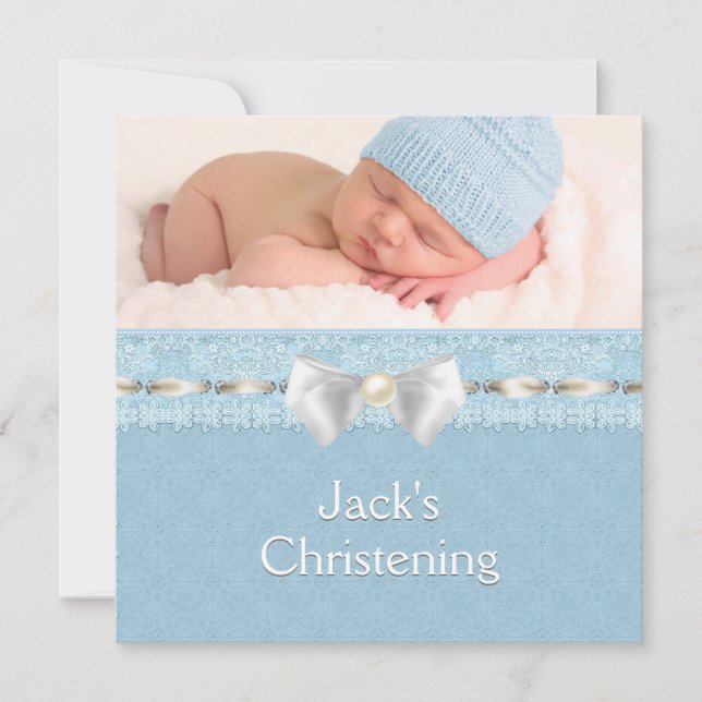 Ivory Eyelet Ribbon Boys Blue Photo Christening Invitation (Front)