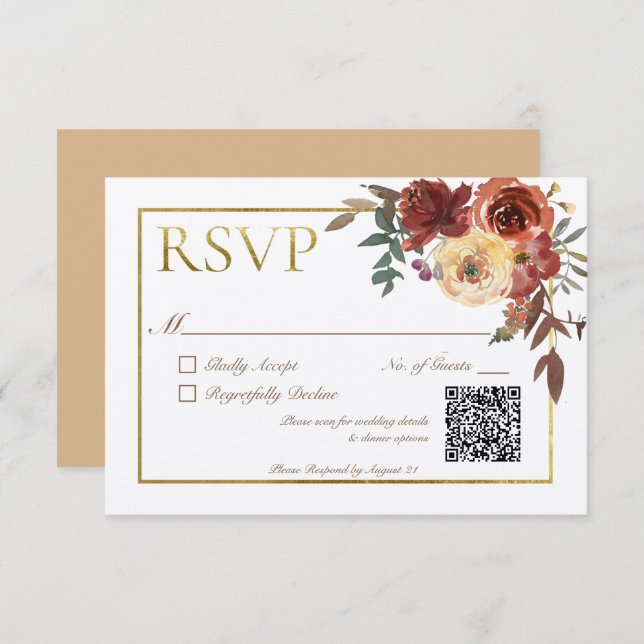 Ivory Fall Floral Bouquet with Gold QR Code RSVP Card (Front/Back)