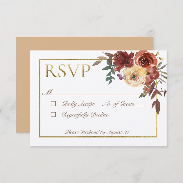 Ivory Fall Floral Bouquet with Gold RSVP Card (Front/Back)