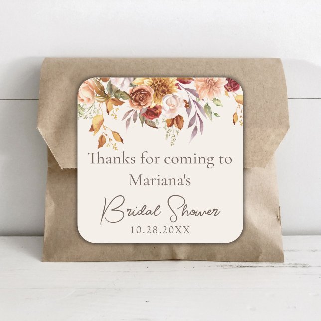 Ivory Fall Floral Bridal Shower Favours Square Sticker (Creator Uploaded)