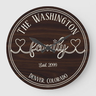 Ivory Family Script on Wood Effect Background Large Clock