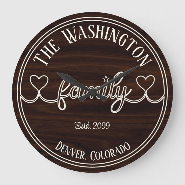 Ivory Family Script on Wood Effect Background Large Clock (Front)