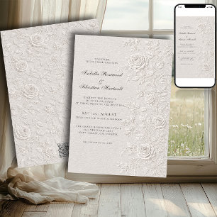 Ivory Faux Blind Embossed Rose Wedding QR Code Invitation