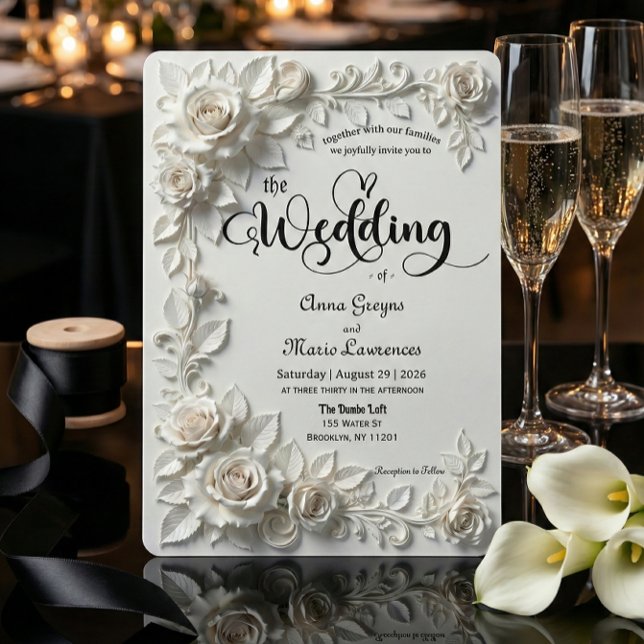 Ivory Faux Plaster Relief Roses Formal Wedding  Invitation (Creator Uploaded)