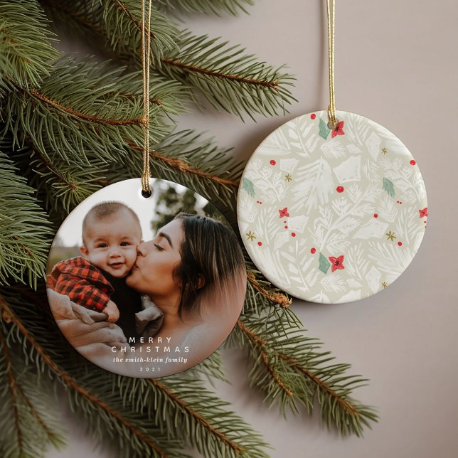 Ivory Festive Botanical Photo Ceramic Ornament (Ivory festive botanical watercolor ornament featuring personalized names and photo.)