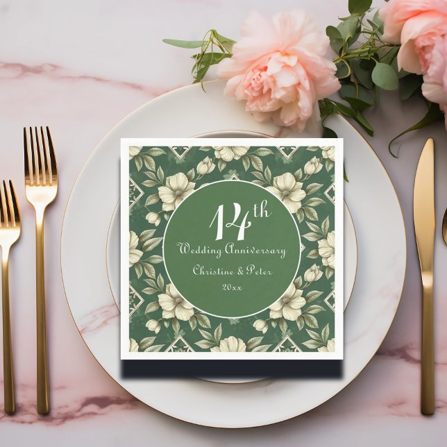 Ivory Floral and Emerald Wedding Anniversary Napkin (Creator Uploaded)