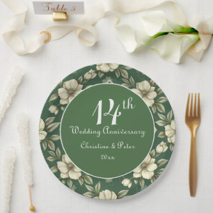 Ivory Floral and Emerald Wedding Anniversary Paper Plate