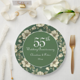 Ivory Floral and Emerald Wedding Anniversary Paper Plate