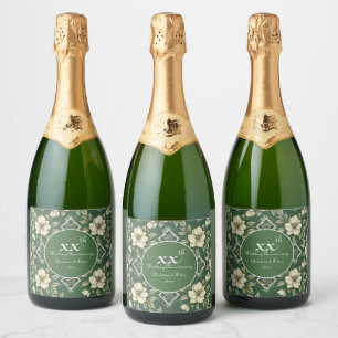 Ivory Floral and Emerald Wedding Anniversary Sparkling Wine Label