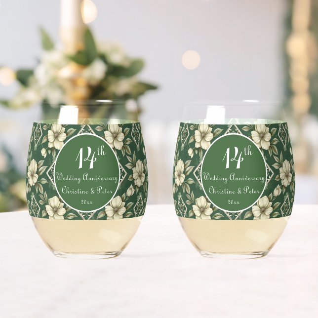Ivory Floral and Emerald Wedding Anniversary Stemless Wine Glass (Insitu (Wedding))
