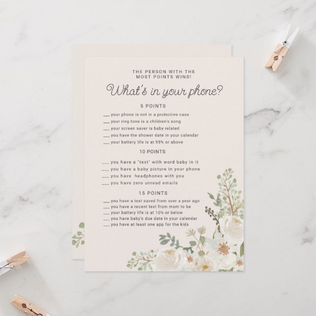 Ivory Floral Baby Shower Phone Game Card (Front/Back In Situ)