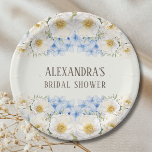Ivory Floral Blue Hydrangea Garden Bridal Shower Paper Plate