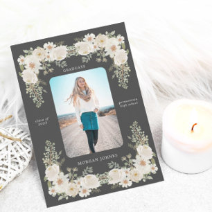 Ivory floral border photo graduation announcement