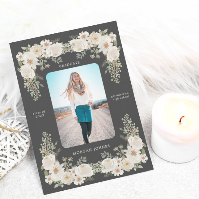 Ivory floral border photo graduation announcement (Creator Uploaded)