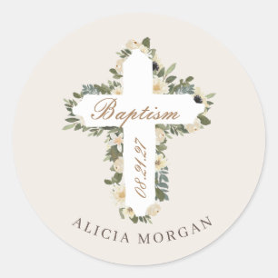 ivory floral cross baptism photo invitation classic round sticker