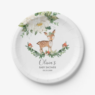 Ivory Floral Deer Woodland Animal Baby Shower Girl Paper Plate