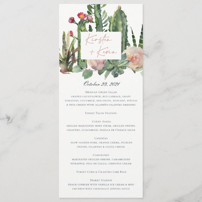 IVORY FLORAL DESERT CACTI WATERCOLOR WEDDING MENU (Front)