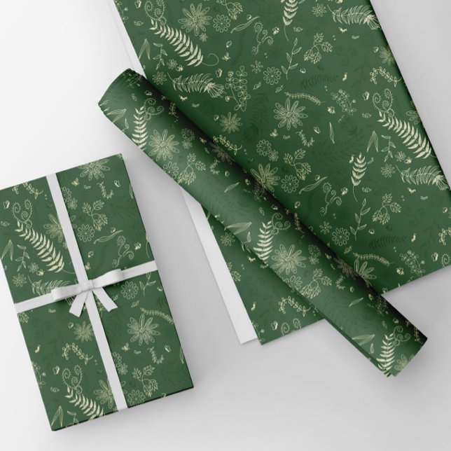 Ivory floral doodles on green wrapping paper sheet (Creator Uploaded)