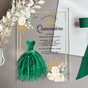 Ivory Floral Emerald Green Gown Gold Quinceanera Acrylic Invitations