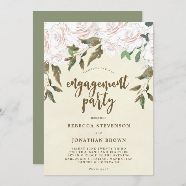 Ivory floral engagement party invitation (Front/Back)