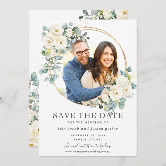 Ivory Floral Eucalyptus Photo Save the Date Card (Front/Back)