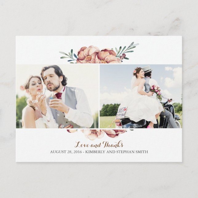 ivory floral fall photo wedding thank you postcard (Front)