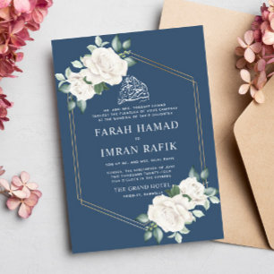 Ivory Floral Frame Blue Islamic Muslim Wedding Invitation