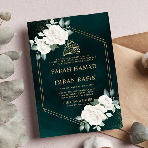 Ivory Floral Frame Green Islamic Muslim Wedding Invitation