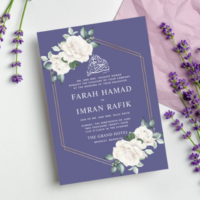 Ivory Floral Frame Violet Islamic Muslim Wedding Invitation (Creator Uploaded)