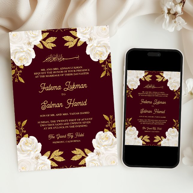  Ivory Floral Gold Burgundy Muslim Wedding Invitation (Creator Uploaded)