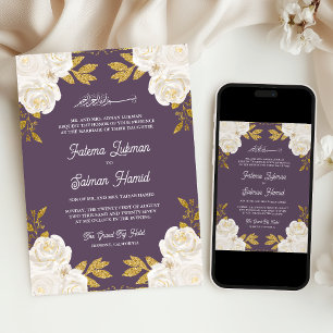  Ivory Floral Gold Dusty Purple Muslim Wedding Invitation