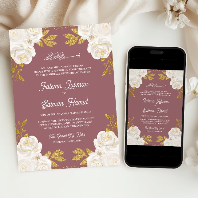  Ivory Floral Gold Dusty Rose Pink Muslim Wedding Invitation (Creator Uploaded)