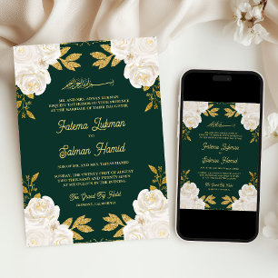  Ivory Floral Gold Emerald Green Muslim Wedding Invitation