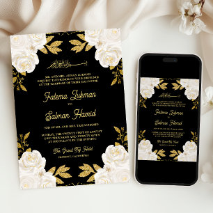  Ivory Floral Gold Glitter Black Muslim Wedding Invitation