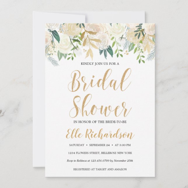 Ivory floral gold glitter cream boho bridal shower invitation (Front)