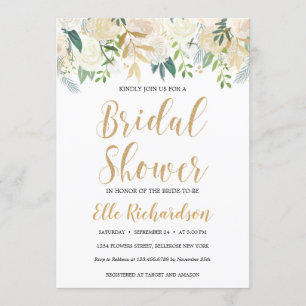 Ivory floral gold glitter cream boho bridal shower invitation
