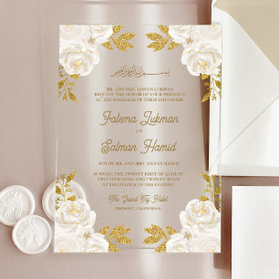  Ivory Floral Gold Glitter Islamic Muslim Wedding Acrylic Invitations