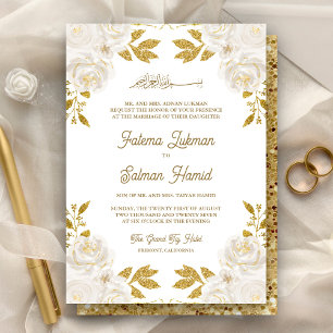 Ivory Floral Gold Glitter Islamic Muslim Wedding Invitation