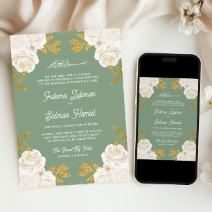  Ivory Floral Gold Sage Green Muslim Wedding Invitation