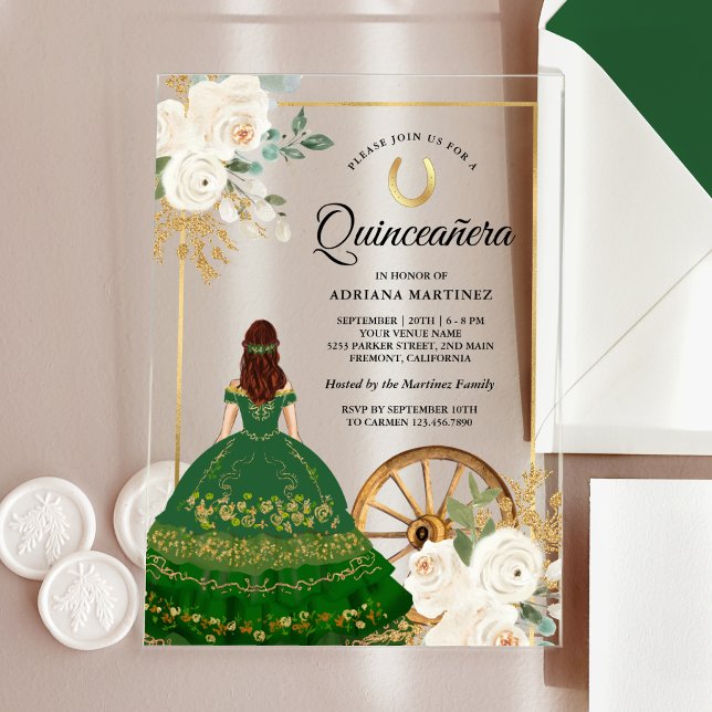 Ivory Floral Green Dress Charro Gold Quinceanera Acrylic Invitations (Creator Uploaded)