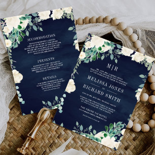 Ivory Floral Green Leaves All in One Navy Wedding Invitation