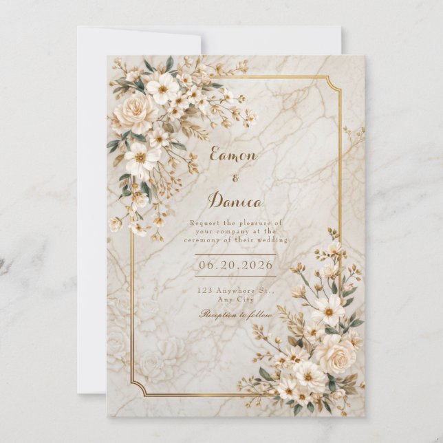 Ivory Floral Marble Gilded Frame Wedding Invitation (Front)