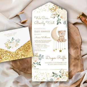 Ivory Floral Moon Cute Teddy Bear Baby Shower All In One Invitation
