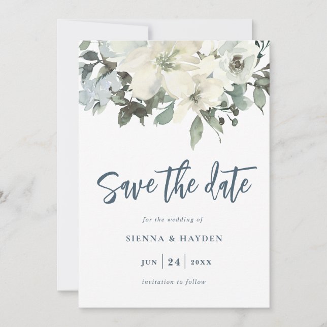 Ivory Floral Navy Blue Save The Date Card (Front)