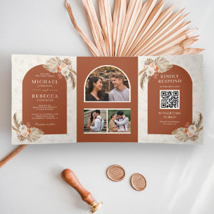 Ivory Floral Pampas Terracotta QR Code Wedding Tri-Fold Invitation