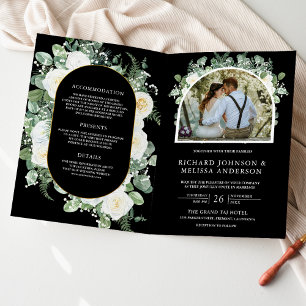 Ivory Floral Photo Black QR Code Wedding Invitation