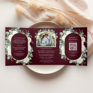 Ivory Floral Photo Burgundy QR Code Wedding Tri-Fold Invitation
