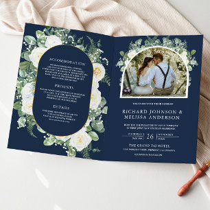 Ivory Floral Photo Navy Blue QR Code Wedding Invitation